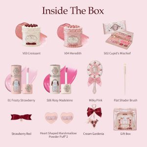 Flower Knows Strawberry Cupid 12-Piece Makeup Gift Box Set,Lip Cream×2+Liquid Blush×2+Makeup Palette×1+Hand Mirror×1+Solid Perfume×1+Hair Clip×1+Cushion Powder Puff×2+Eyeshadow Brush×1+Gift Box×1