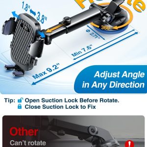 YRU True Military-Grade [360° Rotation Suction] 2026 Ultimate Car Phone Holder Mount 【90+LBS Safest Strongest & Patent Certs】 Dashboard Windshield Vent for iPhone 17 16 Pro Max Samsung, Gloss Black