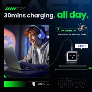 UGREEN Uno 65W USB C Charger Block, Nexode 3-Port GaN Fast Charger with Screen, Fun Robot Gifts for Men Women, Compatible with iPhone 17, MacBook Pro/Air, XPS, Galaxy S25, Steam Deck, ROG Ally, Black