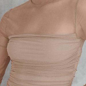 REORIA Body sexy de manga larga con cuello alto falso para mujer, de malla transparente, fruncido, para salir