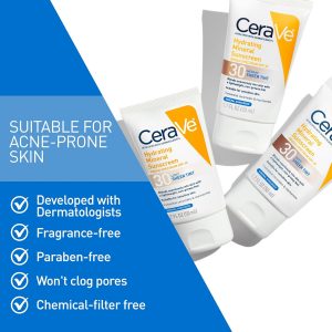 CeraVe Protector solar mineral hidratante SPF 30 con tinte transparente, protector solar mineral tintado con óxido de zinc y dióxido de titanio, se mezcla sin problemas para un brillo saludable