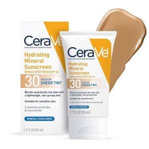 CeraVe Protector solar mineral hidratante SPF 30 con tinte transparente, protector solar mineral tintado con óxido de zinc y dióxido de titanio, se mezcla sin problemas para un brillo saludable