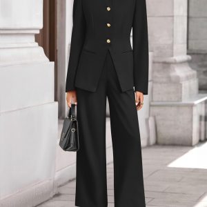 ZESICA Conjunto de trajes de dos piezas de primavera 2026 para mujer, casual, de negocios, de manga larga, chaqueta, pantalones de pierna ancha, conjuntos de trabajo