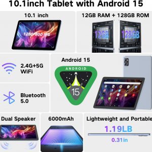 Winsing Android Tablet 10 Inch, Android 15 Tablets 2025 for Adults, Octa-Core, 12GB RAM,128GB Storage(2TB Expandable), Large Touch Screen Tablet with 10H Battery Life,WiFi & Bluetooth 5.0, Haze Blue