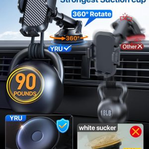 YRU True Military-Grade [360° Rotation Suction] 2026 Ultimate Car Phone Holder Mount 【90+LBS Safest Strongest & Patent Certs】 Dashboard Windshield Vent for iPhone 17 16 Pro Max Samsung, Gloss Black