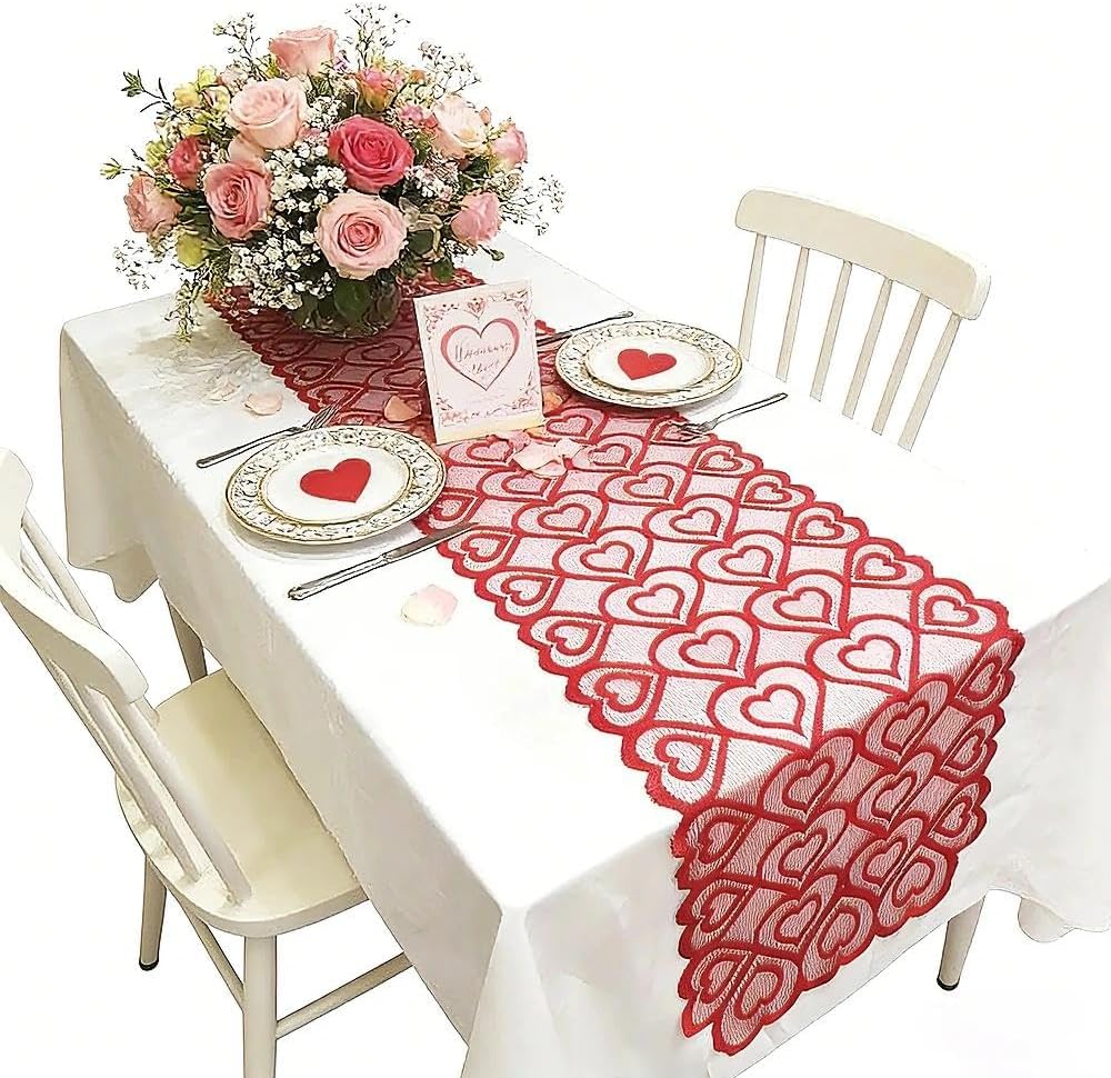 Camino de mesa de encaje con corazón rojo, decoración del día de San Valentín para bodas, decoraciones de San Valentín, aniversario, cocina, comedor, decoración de mesa de hogar, 13 x 72