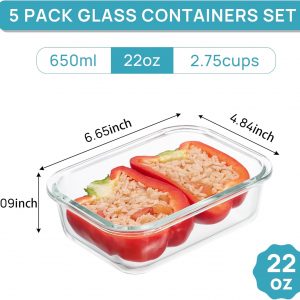 Vtopmart Paquete de 5 recipientes de almacenamiento de vidrio de 22 onzas con tapas, juegos de recipientes de vidrio para preparación de comidas con tapas herméticas a presión para microondas, horno