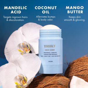 Truly Beauty Coco Cloud Desodorante | Apunta al olor corporal, pelos encarnados y decoloración | Desodorante suave sin aluminio | Fabricado con aceite de coco y ácido mandélico | Aroma de coco y