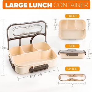 EASYFUN Bento Box Adult, Lunch Box, 4-Compartment Lunch Containers, Drop-Proof, Dishwasher Safe & Made with BPA-Free Materials(Khaki)