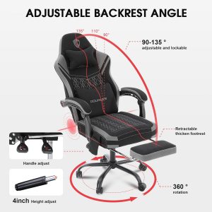 Gaming Chair, Fabric Computer Chair with Massage, Office Chair with Pocket Spring Widened Cushion, High Back Ergonomic Chair with Footrest Lumbar Support Upgraded Metal Legs 350LBS (Grey)