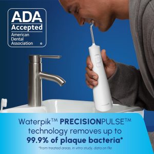 Waterpik Cordless Pulse Rechargeable Portable Water Flosser for Teeth, Gums, Braces Care and Travel with 2 Flossing Tips, Waterproof for Shower, ADA Accepted, WF-20 White, Packaging and Tips May Vary