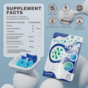 NAD Gummies Sugar Free, NAD+ Supplement with Liposomal Nicotinamide Riboside, Resveratrol, Quercetin, NAD Supplement for Anti-Aging, Energy, Cellular Health, Blueberry Flavor, 60 Gummies