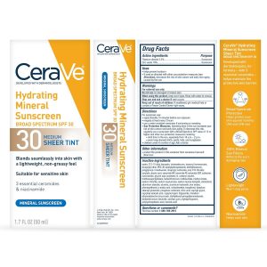 CeraVe Protector solar mineral hidratante SPF 30 con tinte transparente, protector solar mineral tintado con óxido de zinc y dióxido de titanio, se mezcla sin problemas para un brillo saludable