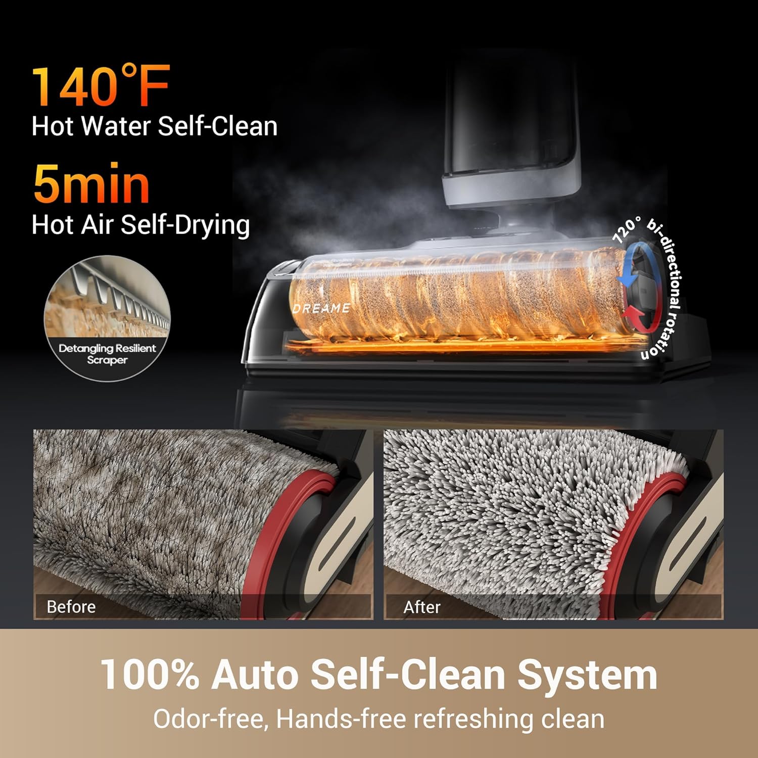 dreame H14 - Trapeador inalámbrico para aspirar en seco y húmedo de 180°, lavado con cepillo de 140 °F, secado rápido con aire caliente en 5 minutos, máquina inteligente de limpieza de suelos duros con potente succión, ideal para suciedad pegajosa