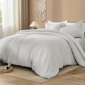 PHF Juego de edredón de muselina de algodón tamaño Queen, funda 100% algodón, ultrasuave y transpirable, ropa de cama ligera de 3 piezas para todas las estaciones con relleno de poliéster, 1 edredón