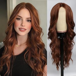SeclitWu Long Ginger Wavy Wig for Women Middle Part Wavy Wigs Natural Looking Synthetic Heat Resistant Fiber Wig for Halloween Party Daily Use (26 Inch)