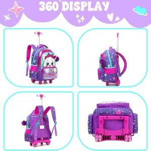 Meetbelify Rolling Backpack with Wheels for Girls Kids Cute Cat Rolling Backpack with Lunch Bag and Pencil Case Set Kids Travel Luggage for Elementary Girls Ages 5-12
