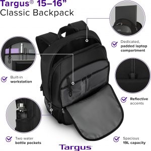 Targus Mochila clásica para laptop de 15 a 16 pulgadas, se adapta a la mayoría de portátiles de hasta 16 pulgadas, mochila de viaje acolchada para viajeros de negocios, universidad y viajes