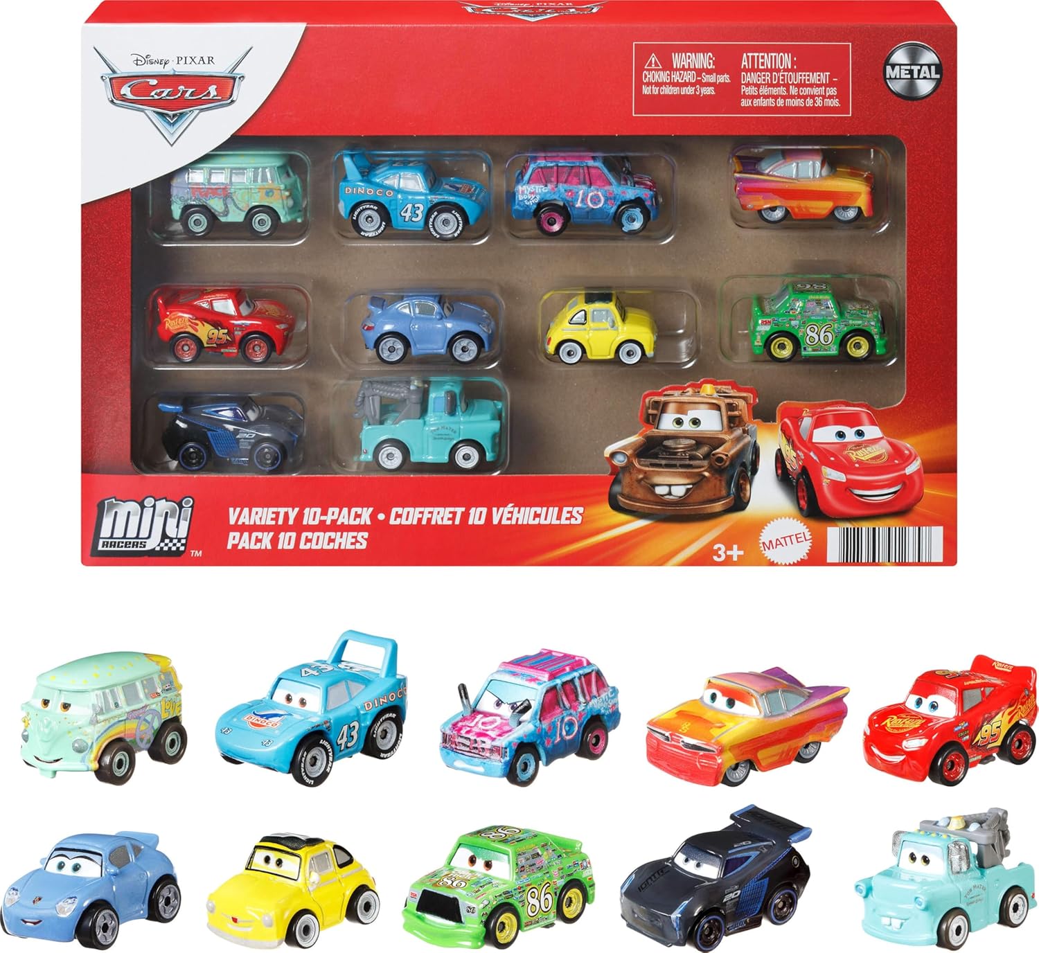 Mattel Disney and Pixar Cars Mini Racers 10-Pack, Collectible Set with 10 Toy Vehicles, Fan-Favorite Characters (Amazon Exclusive)