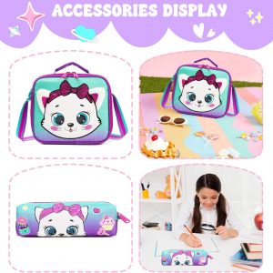 Meetbelify Rolling Backpack with Wheels for Girls Kids Cute Cat Rolling Backpack with Lunch Bag and Pencil Case Set Kids Travel Luggage for Elementary Girls Ages 5-12
