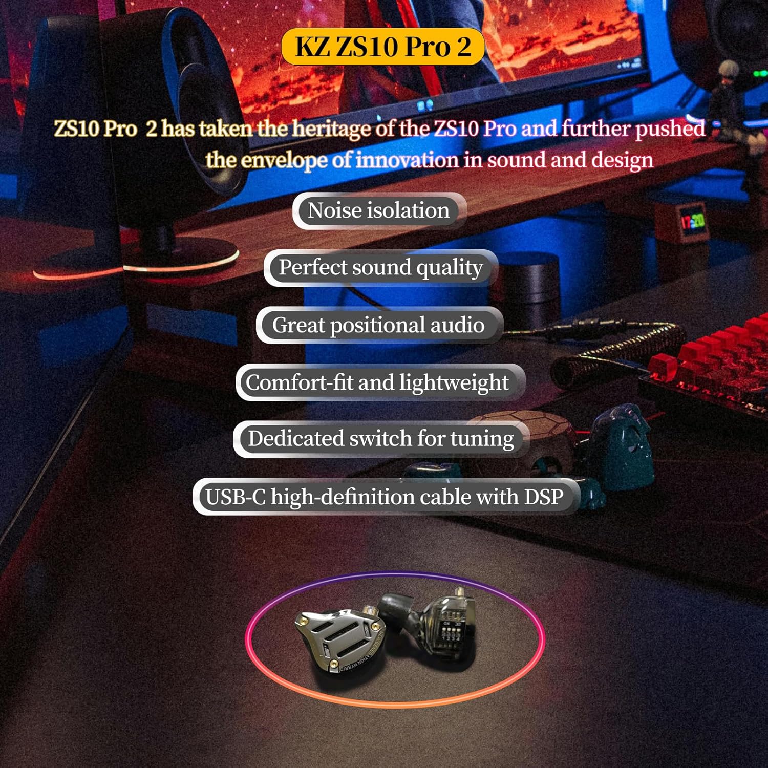 KZ ZS10 Pro 2 USB C Headphones with Mic lEM for Gaming in Ear Monitors Hybrid 4BA+1DD, Deep Bass Comfort-Fit Wired Earbuds High-Definition Decoding Cable Built-in DSP with 4 EQ Modes