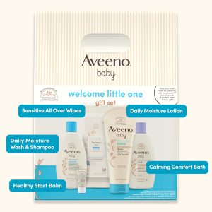 Aveeno Baby Welcome Little One - Set de regalo para el cuidado de la piel con gel corporal nutritivo y champú, lavado de baño relajante, toallitas completas, loción hidratante diaria y bálsamo, 5