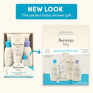 Aveeno Baby Welcome Little One - Set de regalo para el cuidado de la piel con gel corporal nutritivo y champú, lavado de baño relajante, toallitas completas, loción hidratante diaria y bálsamo, 5