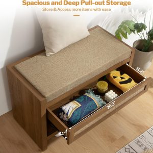 SICOTAS Banco de zapatos de ratán con cajón de almacenamiento y cojín de asiento de lino, zapatero bohemio de granja con estante, banco de almacenamiento de madera para entrada, pasillo y dormitorio,