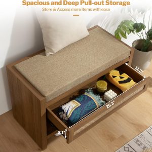 SICOTAS Banco de zapatos de ratán con cajón de almacenamiento y cojín de asiento de lino, zapatero bohemio de granja con estante, banco de almacenamiento de madera para entrada, pasillo y dormitorio,