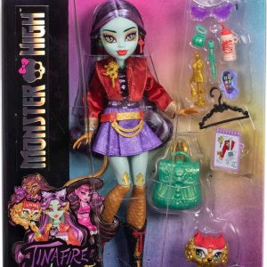 Monster High Jinafire Long Doll, Dragon with Pet Dog Cloudy “Yun Yun” and 7 Accessories Like Sketch Pad, Yogurt Drink, Backpack and More