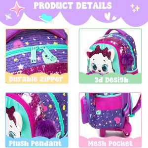 Meetbelify Rolling Backpack with Wheels for Girls Kids Cute Cat Rolling Backpack with Lunch Bag and Pencil Case Set Kids Travel Luggage for Elementary Girls Ages 5-12