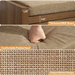 SICOTAS Banco de zapatos de ratán con cajón de almacenamiento y cojín de asiento de lino, zapatero bohemio de granja con estante, banco de almacenamiento de madera para entrada, pasillo y dormitorio,